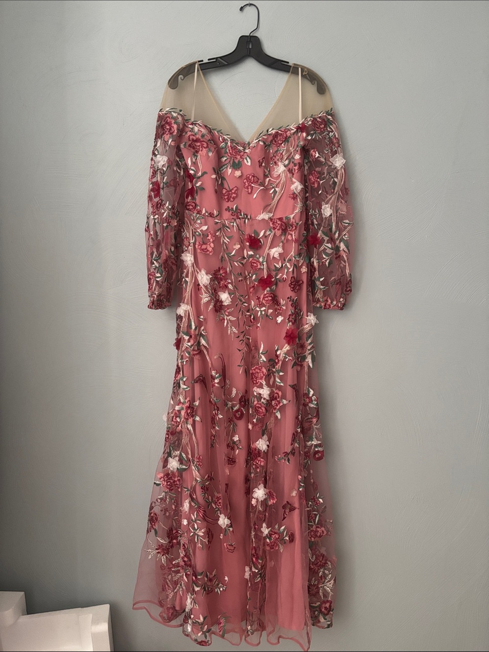 Pink floral embroidered tulle gown with applique